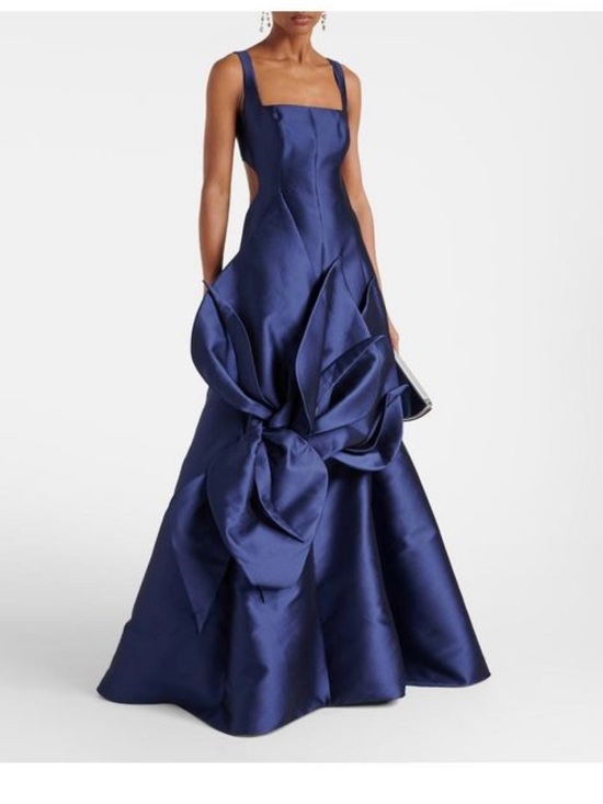 Costarellos Dresses & Skirts - Midnight Blue Satin Maxi Gown with Sculptural Bow Detail